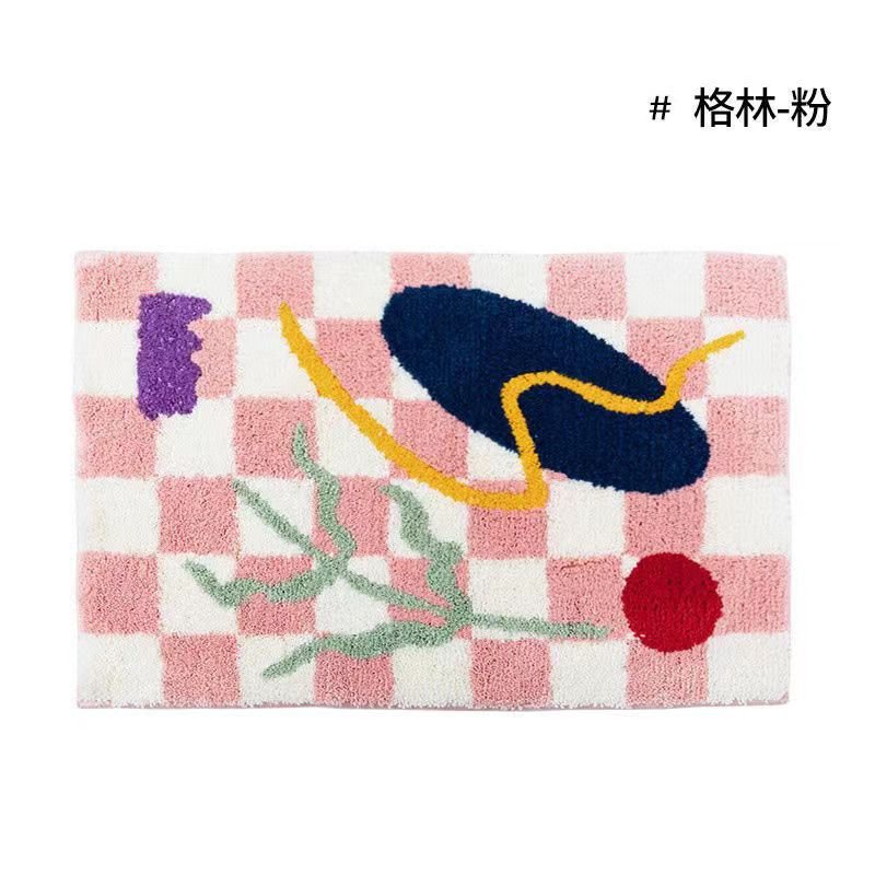 Vintage Schachbrett Karo Badteppiche - Gemütlicher Retro Blumen Teppich für Badezimmer und Wohnkultur