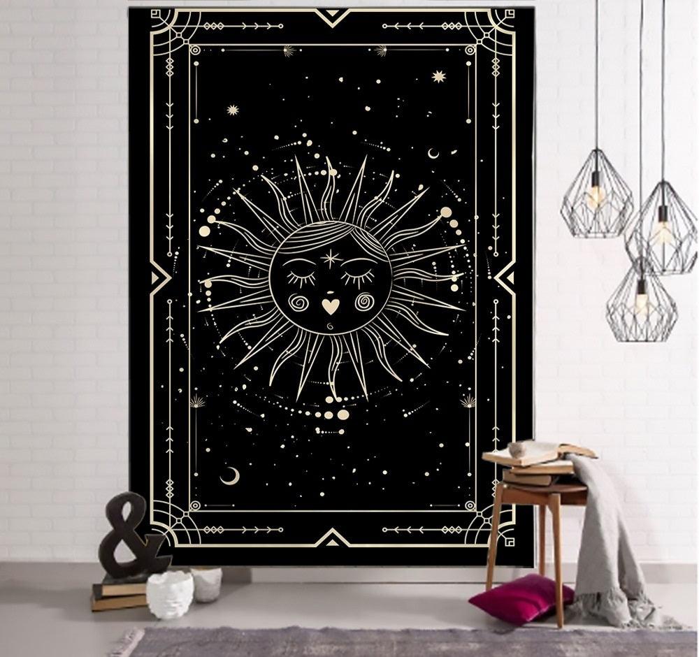 Verzauberung Tarot Wandteppich Kunst - Schwarze und Khaki Sonne, Mond, Stern Universum Geometrisches Design für Wohnheim und Wohnkultur
