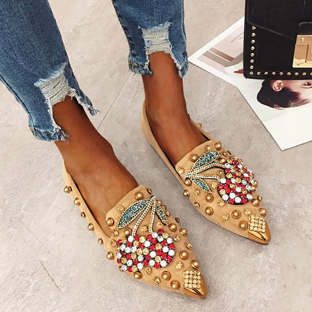 Frendorf | Luxuriöse flache Schuhe mit spitzer Spitze und Strasssteinen aus Kirschmetall