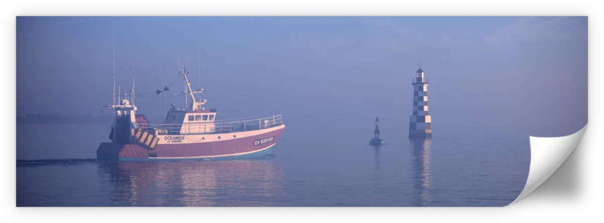 Frendorf | Misty Sunrise und Angelboot in Loctudy Wandkunst