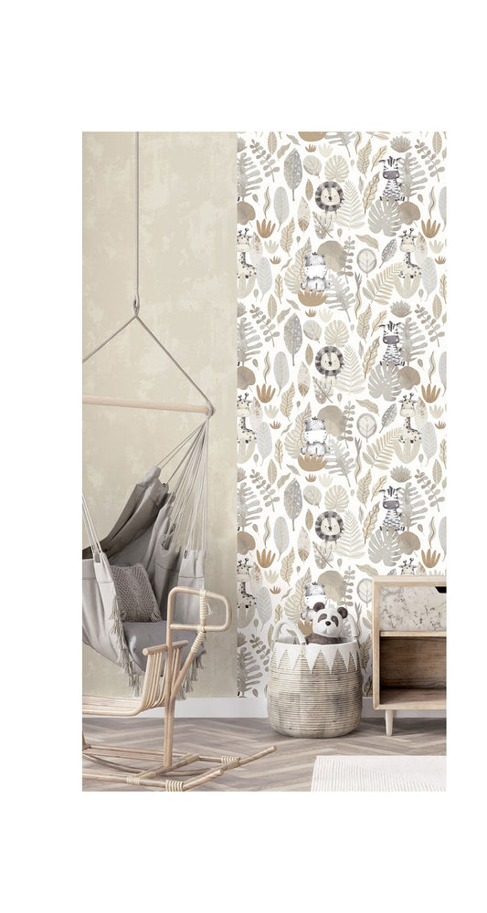 Frendorf | Grau-beige Kinder Tapete mit Tieren und Blättern, 14837, Happy, Parato