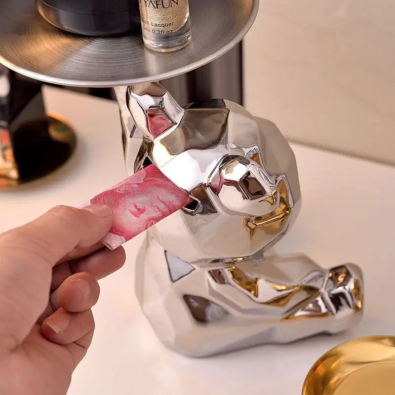 Keramikvergoldete Bärenfigur Spardose mit Ablagefach, geeignet für Schlüssel, Kosmetik und Süßigkeiten, Schreibtischdekoration