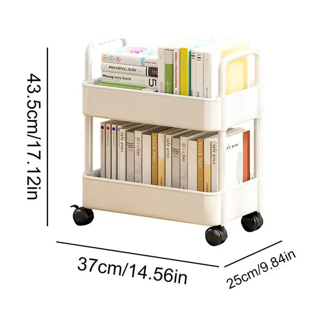 Vielseitiger 2-stufiger mobiler Bücherregalwagen mit Rollen, kleiner Wagen, Bücherspeicher, Stifthalter, Organizer, Schlafzimmer, Wohnzimmer